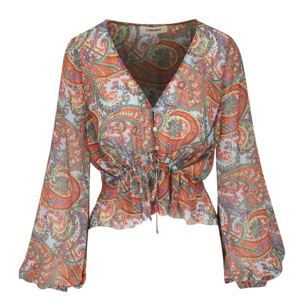 L’agence Pixie Paisley Print Long Sleeve Drawstring Crepe de Chine Blouse Small